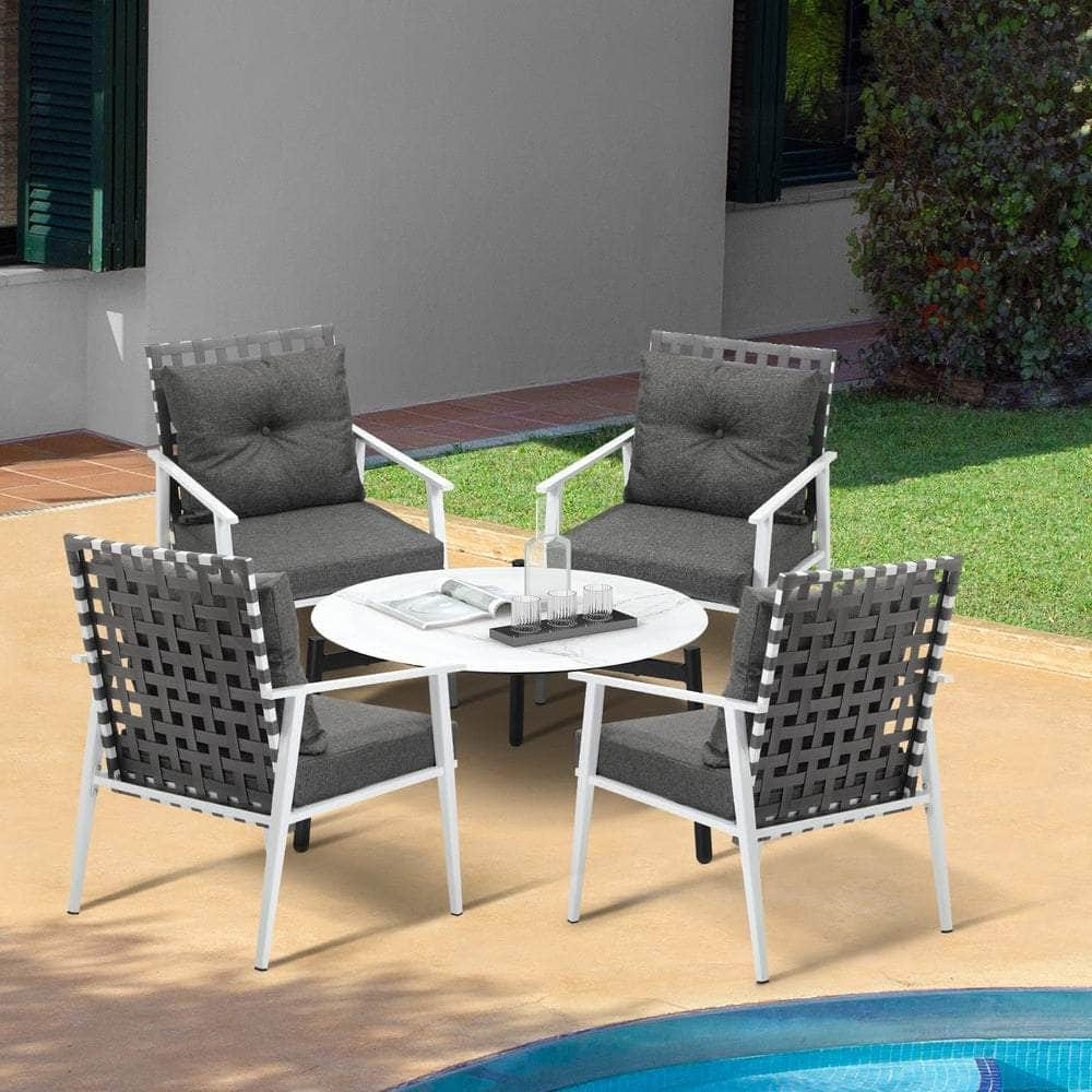 3/5pc Outdoor Patio Set 70CM White Marble Table Rattan Chairs