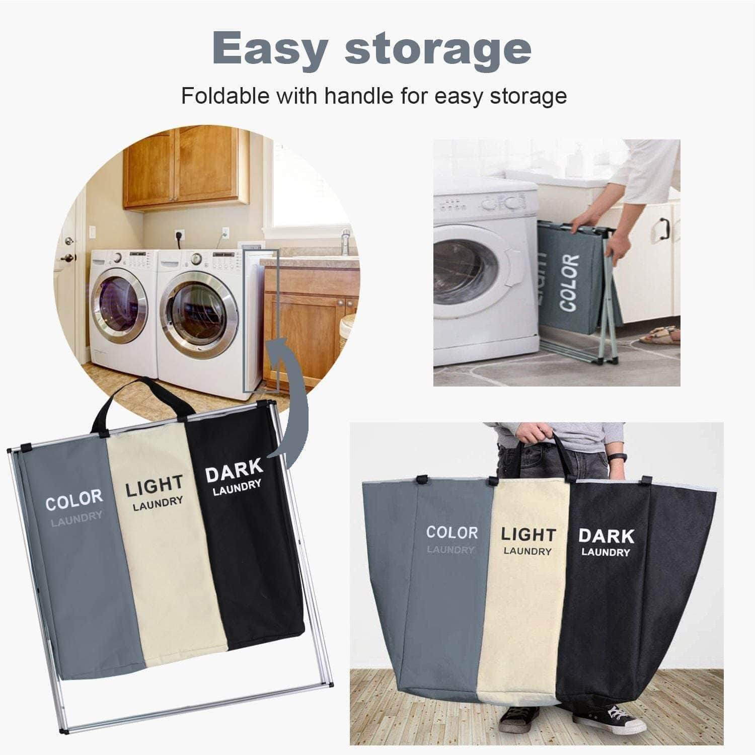 3 In 1 Large 135L Laundry Clothes Hamper Basket With Waterproof Bags (Multi)