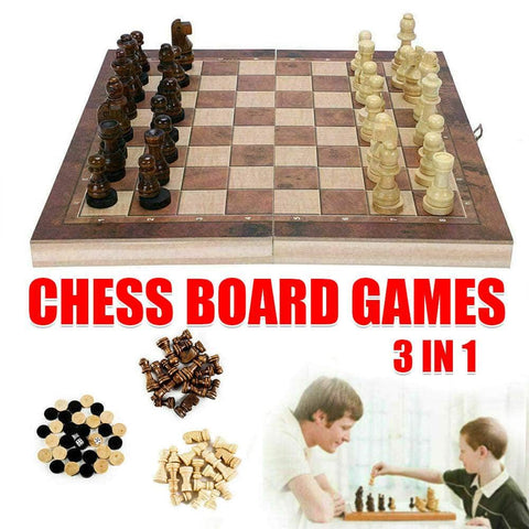 3-In-1 Wooden Chess Set With Folding Chessboard