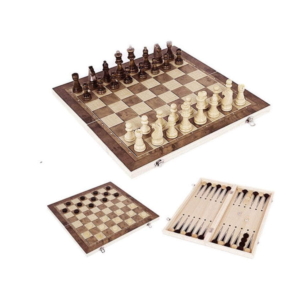 3-In-1 Wooden Chess Set With Folding Chessboard