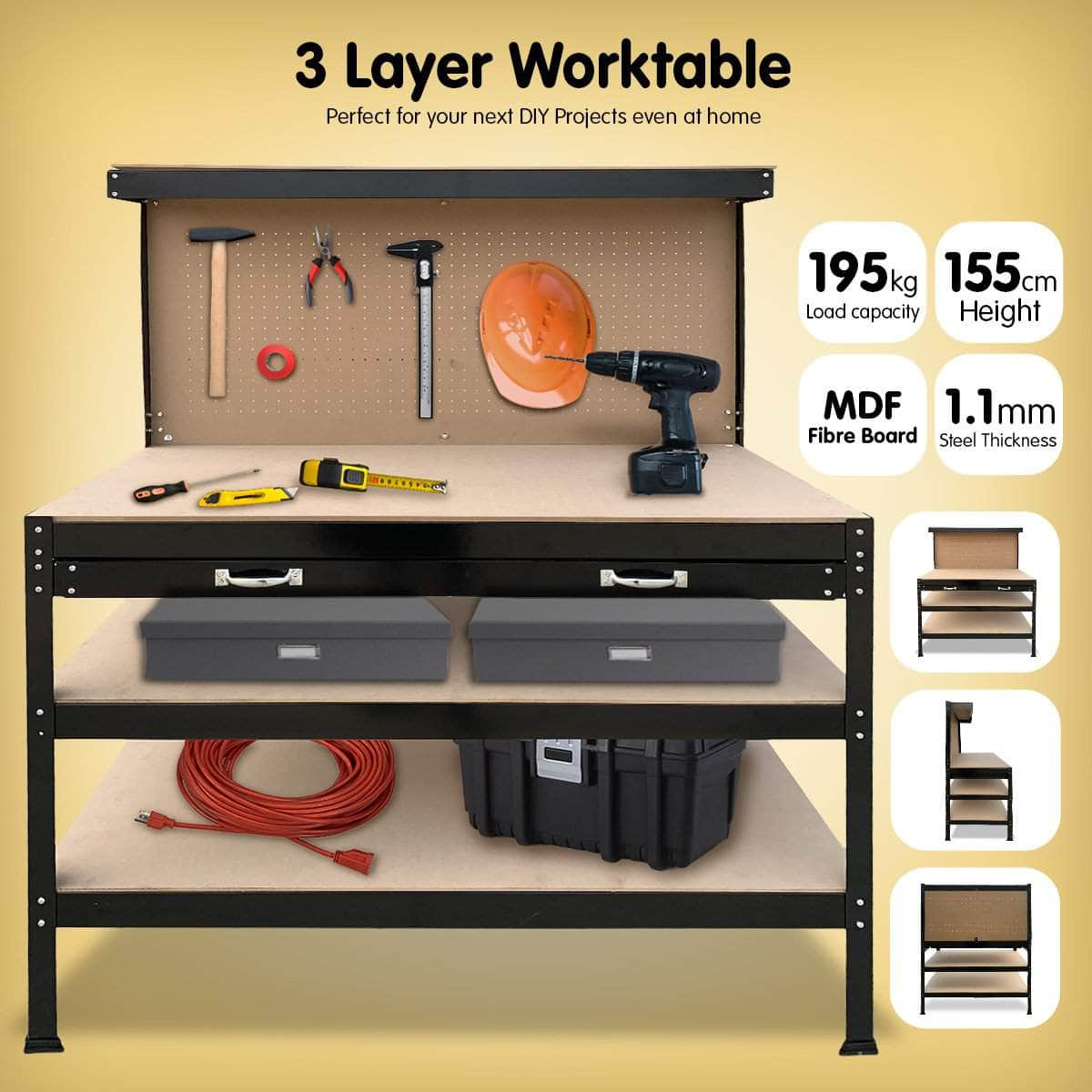 3-layer Steel Work Bench Garage Storage Table Tool Pegboard Drawer