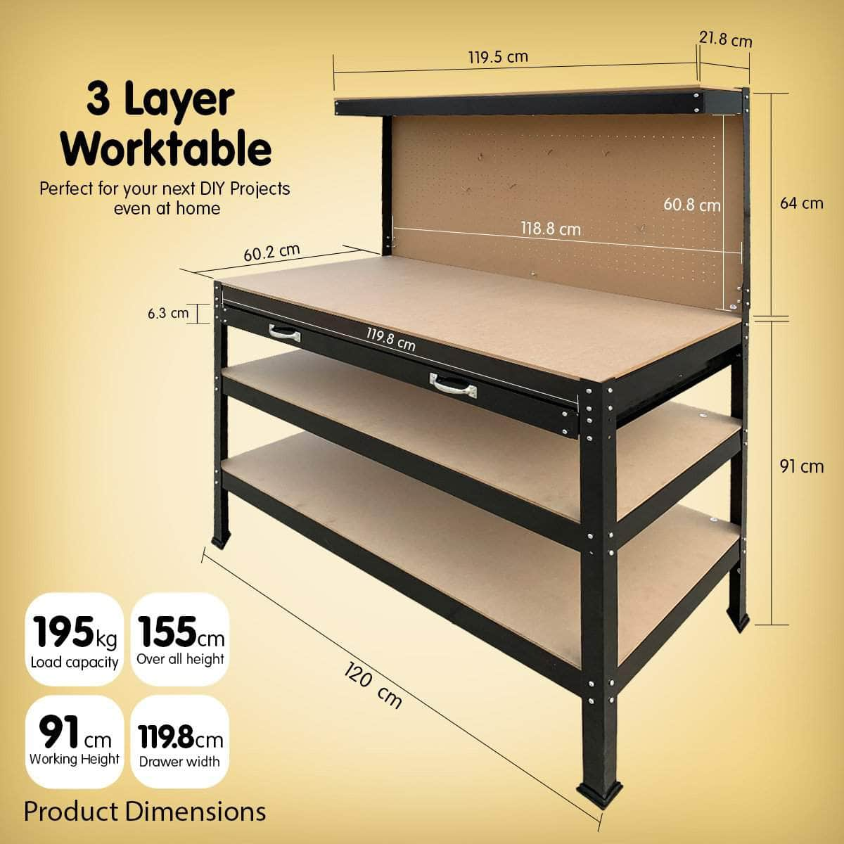 3-layer Steel Work Bench Garage Storage Table Tool Pegboard Drawer