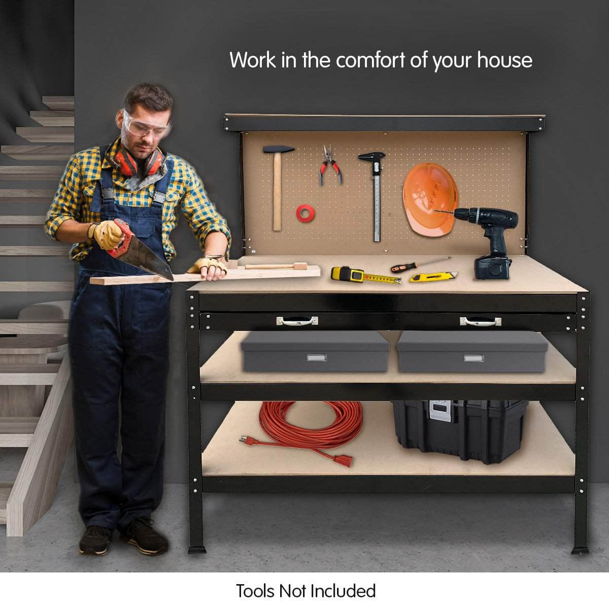 3-layer Steel Work Bench Garage Storage Table Tool Pegboard Drawer