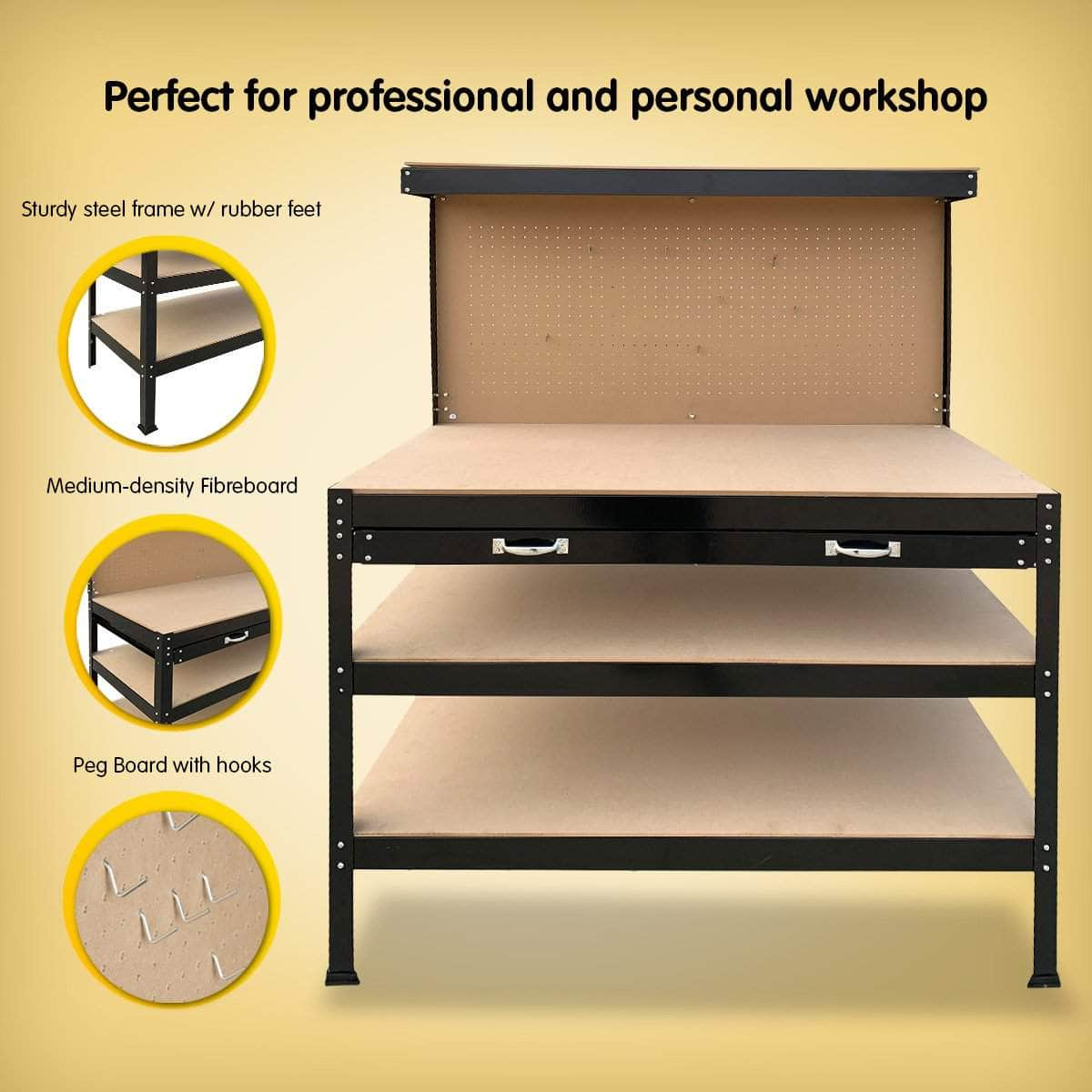 3-layer Steel Work Bench Garage Storage Table Tool Pegboard Drawer