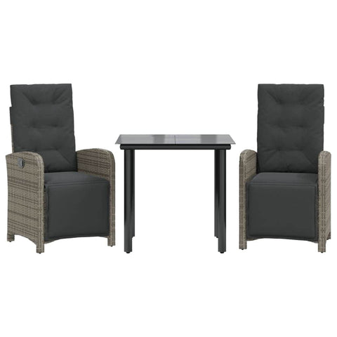 3 Piece Bistro Set with Cushions Grey Poly Rattan