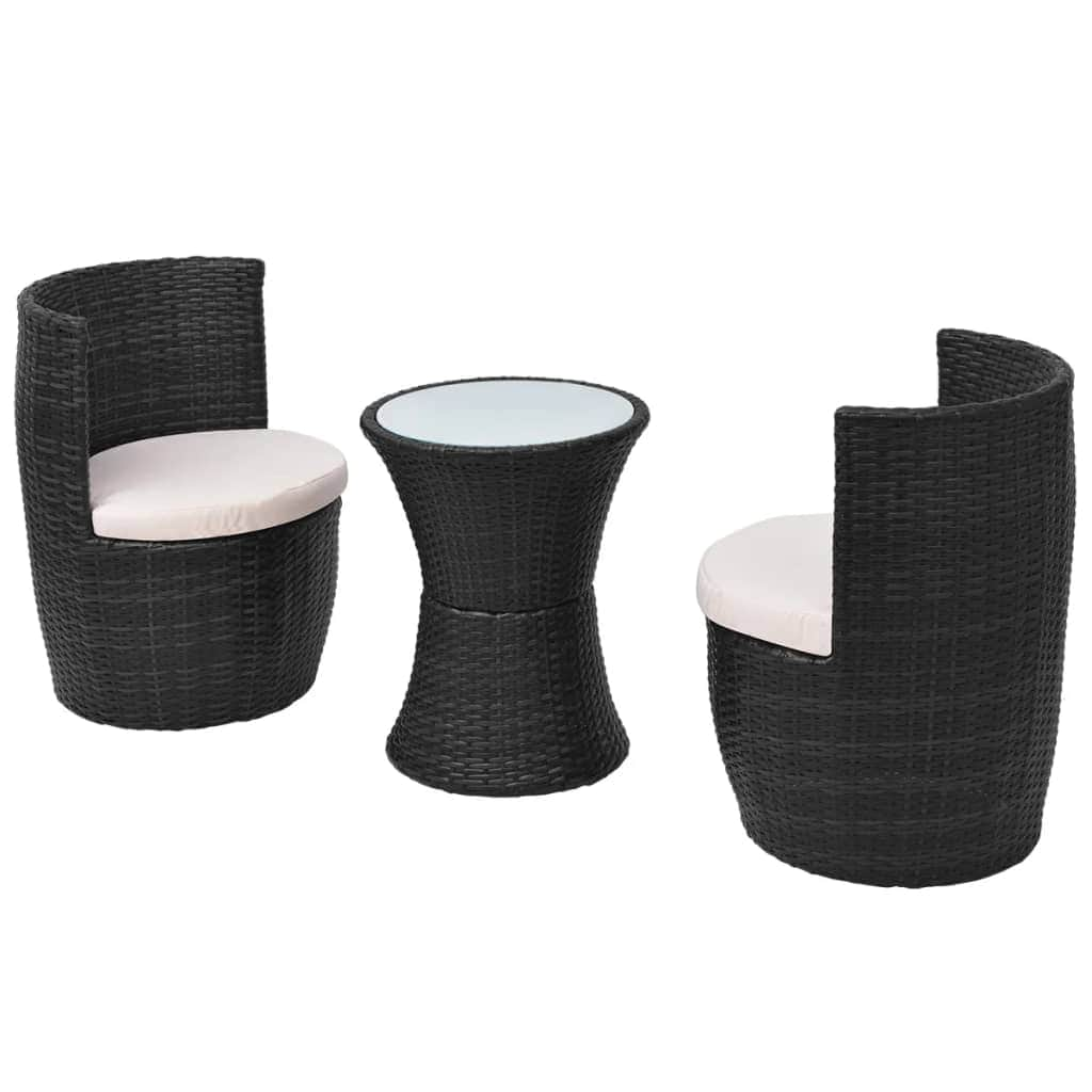 3 Piece Bistro Set with Cushions Poly Rattan Black