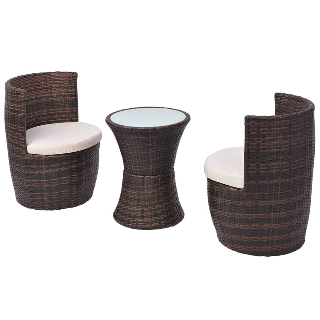 3 Piece Bistro Set with Cushions Poly Rattan Brown