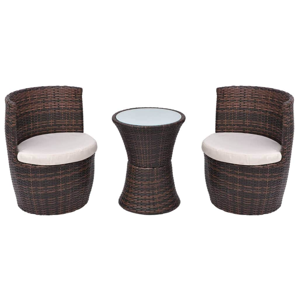 3 Piece Bistro Set with Cushions Poly Rattan Brown