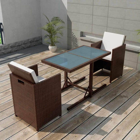 3 Piece Bistro Set with Cushions Poly Rattan Brown