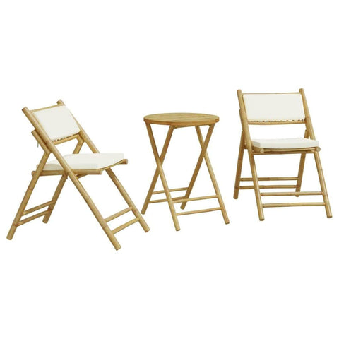 3-Piece Folding Bistro Set with Cream White Cushions Bamboo