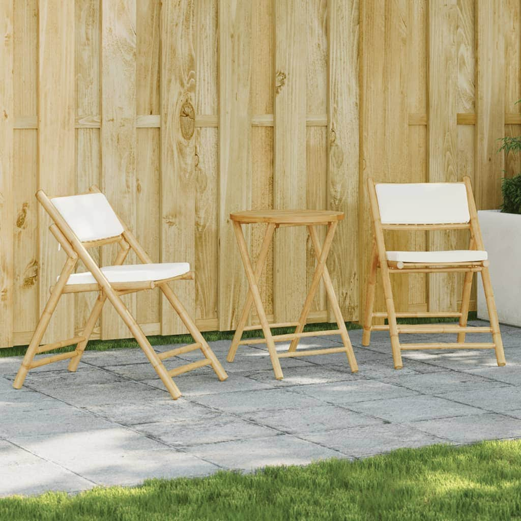 3-Piece Folding Bistro Set with Cream White Cushions Bamboo