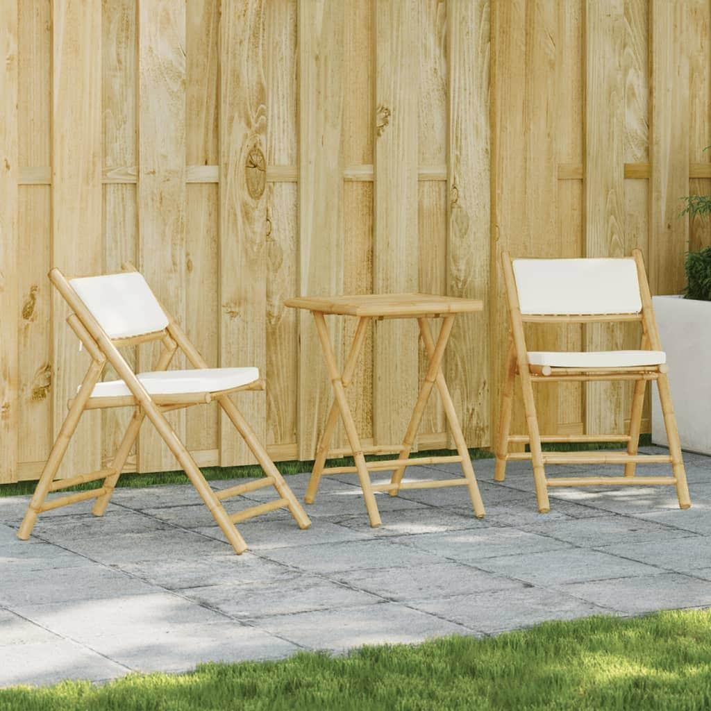 3-Piece Folding Bistro Set with Cream White Cushions Bamboo