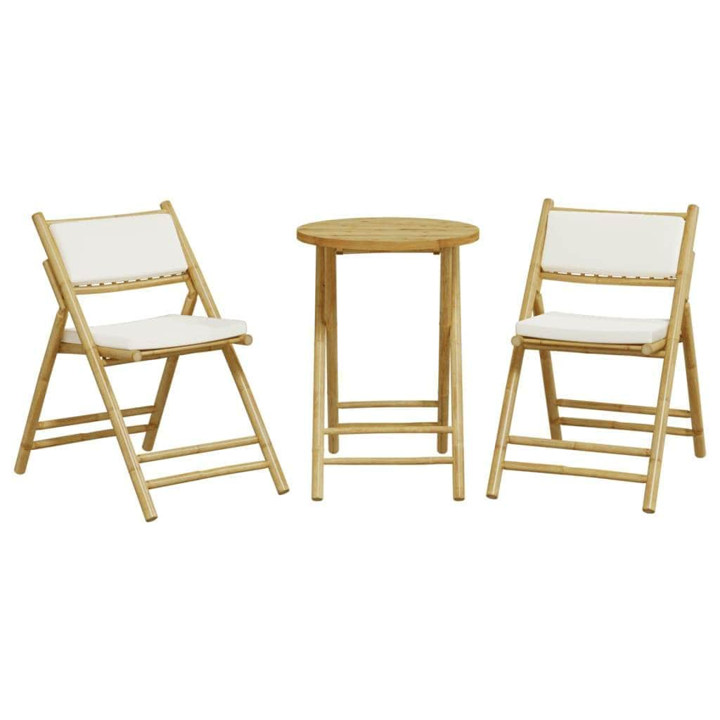 3-Piece Folding Bistro Set with Cream White Cushions Bamboo