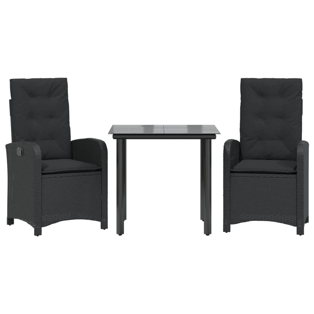 3-Piece Garden Dining Set in Black Poly Rattan with Cushions