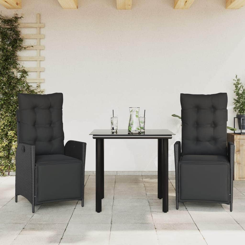 3 Piece Garden Dining Set with Cushions Black