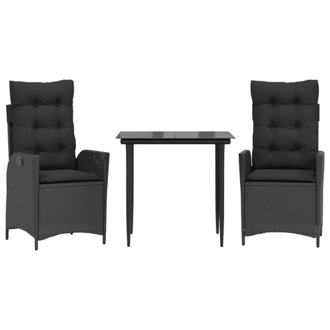 3-Piece Garden Dining Set with Cushions Black Poly Rattan