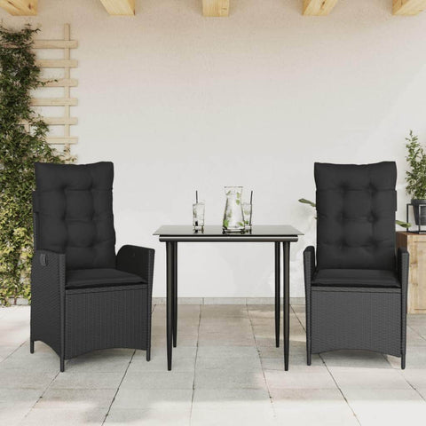 3-Piece Garden Dining Set with Cushions Black Poly Rattan