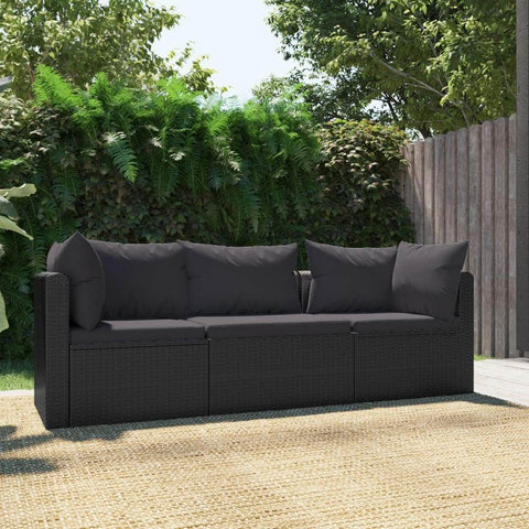 3 Piece Garden Sofa Set with Cushions Poly Rattan Black