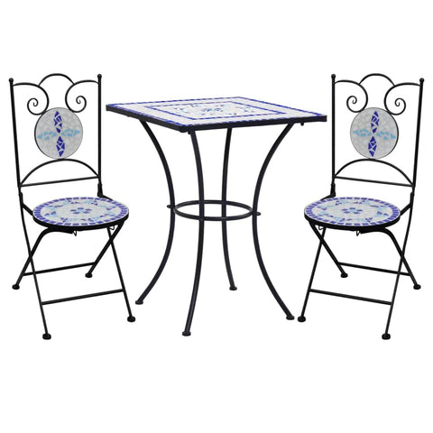 3 Piece Mosaic Bistro Set Ceramic Tile Blue and White