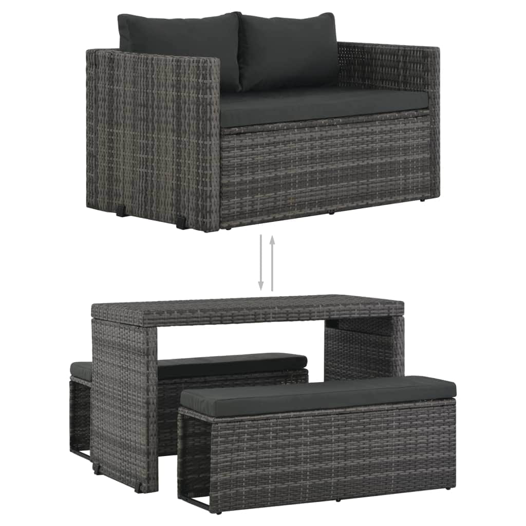 3 Piece Outdoor Dining Set with Cushions Poly Rattan Grey