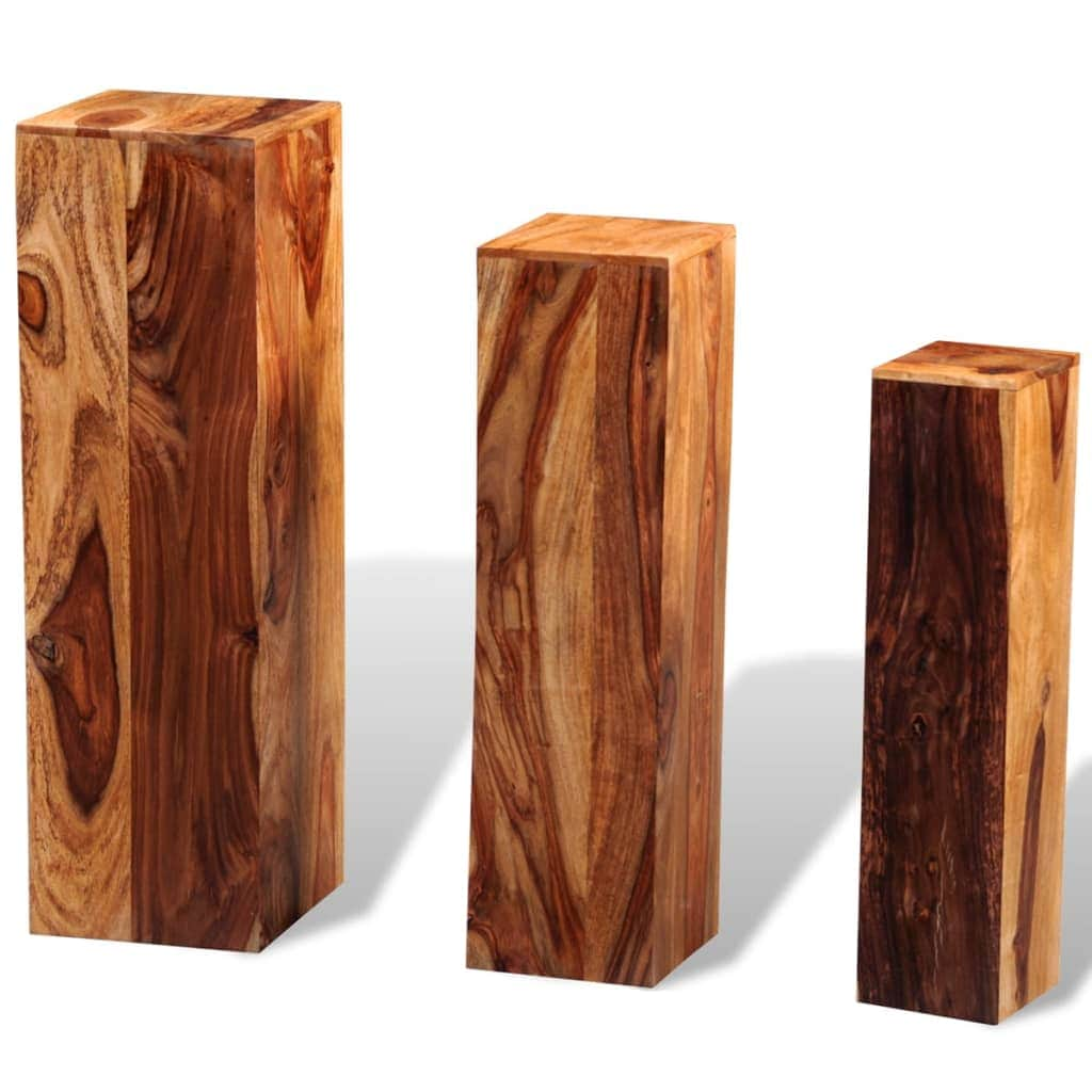 3 Piece Plant Stands Solid Sheesham Wood Brown