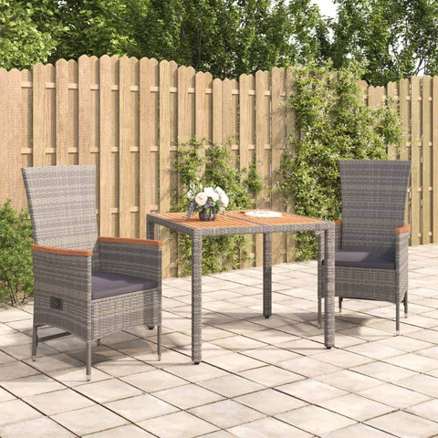 3-Piece Poly Rattan Garden Dining Set in Grey with Cushions