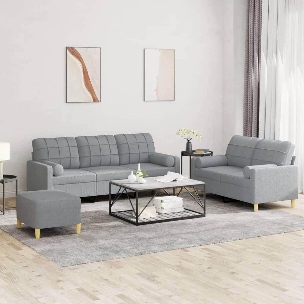 3 Piece Sofa Set with Pillows Light Grey Fabric