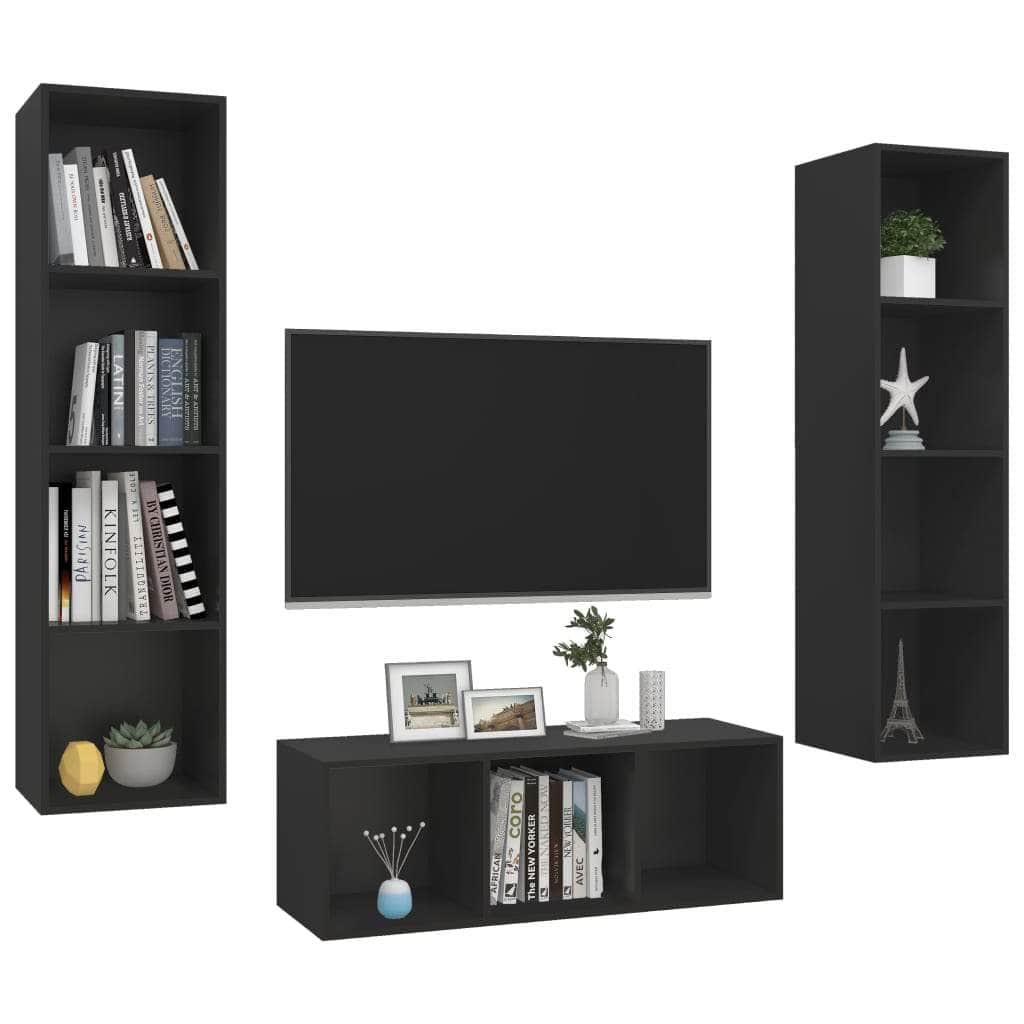 3 Piece TV Cabinet Set Black Engineered Wood