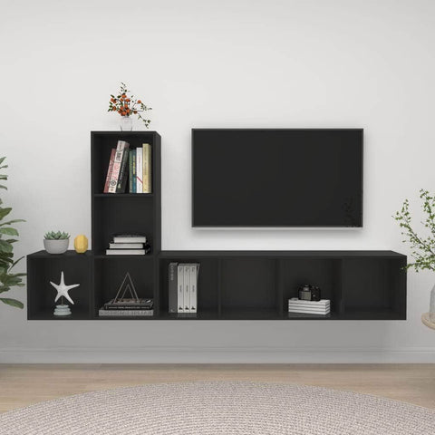 3 Piece TV Cabinet Set Black Wood