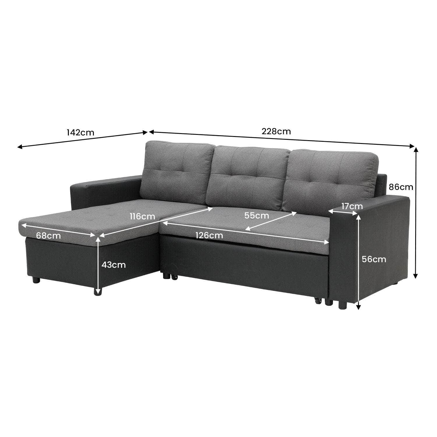 3-Seater Corner Sofa Bed Storage Lounge Chaise Couch Grey