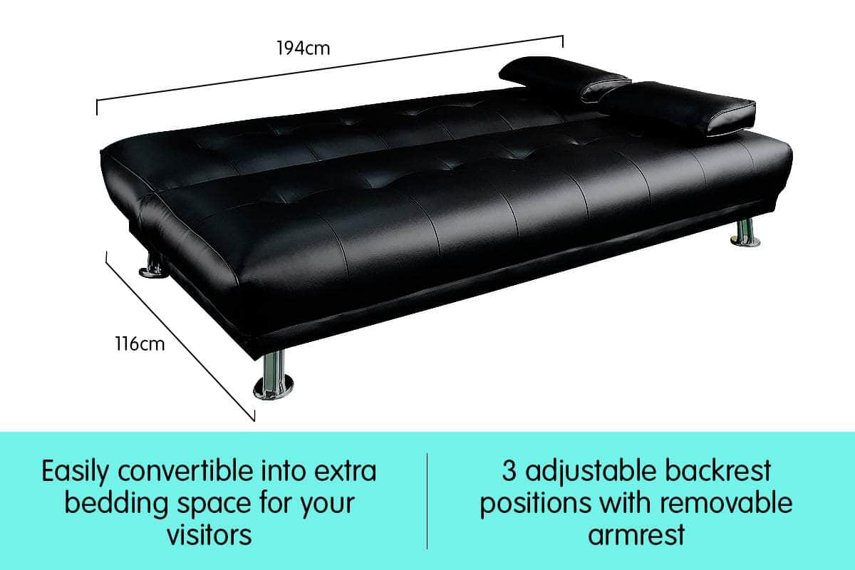 3 Seater Leather Sofa Bed Couch Lounge Futon - Black