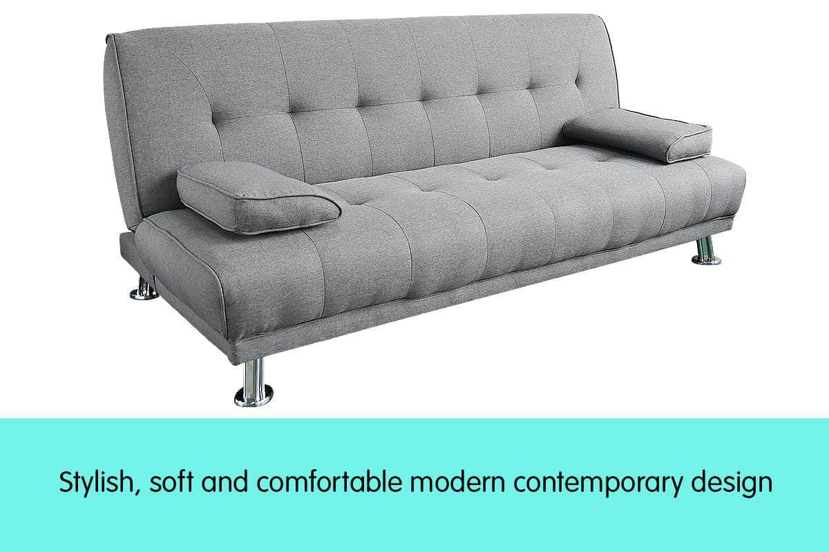 3 Seater Linen Sofa Bed Couch Lounge Futon - Light Grey