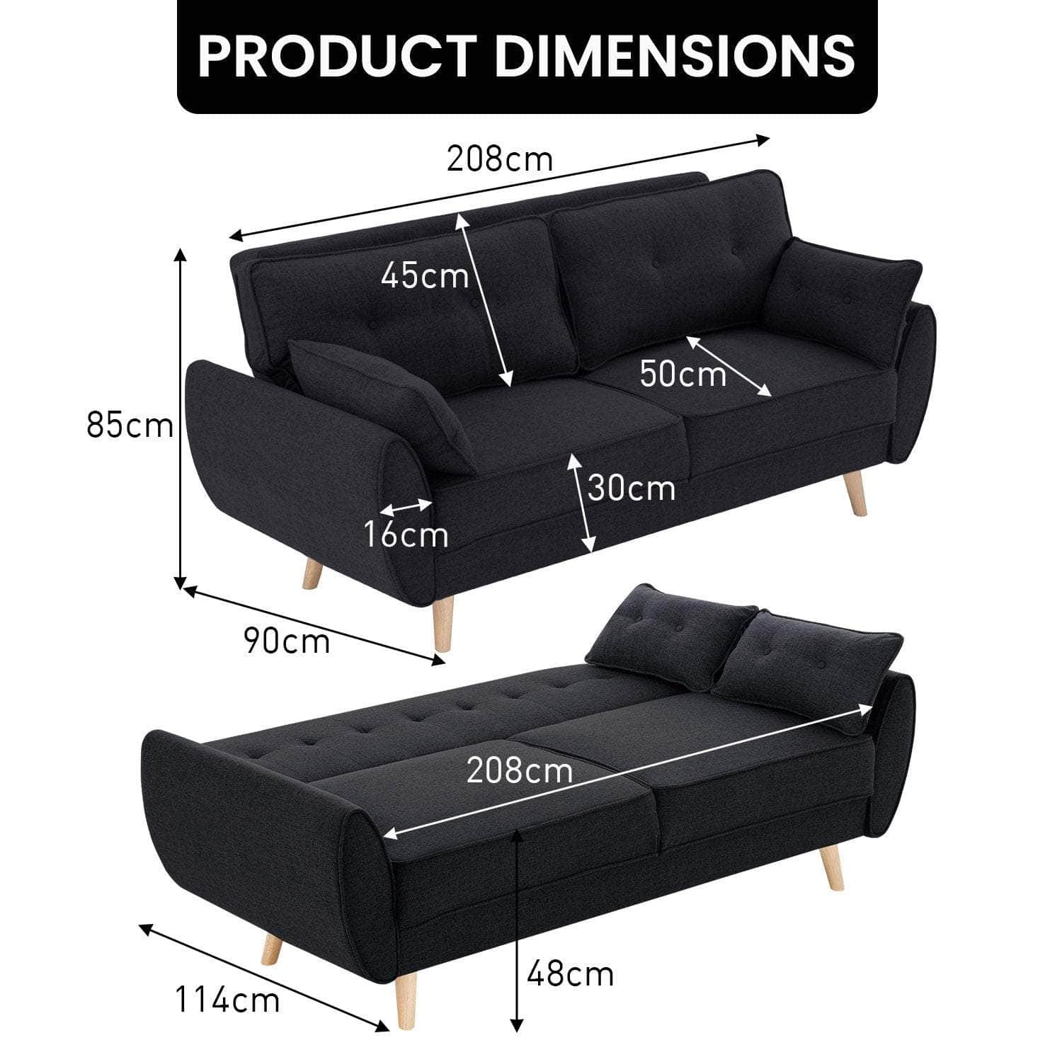 3 Seater Modular Linen Fabric Sofa Bed Couch Futon - Black