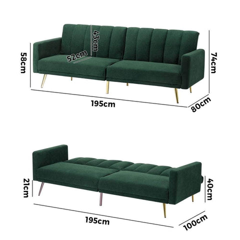 3 Seater Sofa Bed Convertible Velvet Green