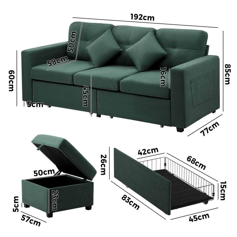 3 Seater Sofa Lounge Set Modular Couch Drawers&Ottoman Velvet Green