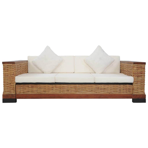 3-Seater Sofa with Cushions Brown Natural Rattan