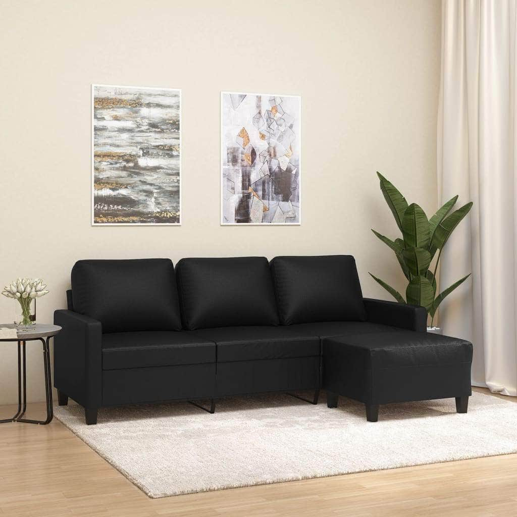 3 Seater Sofa with Footstool Black Faux Leather