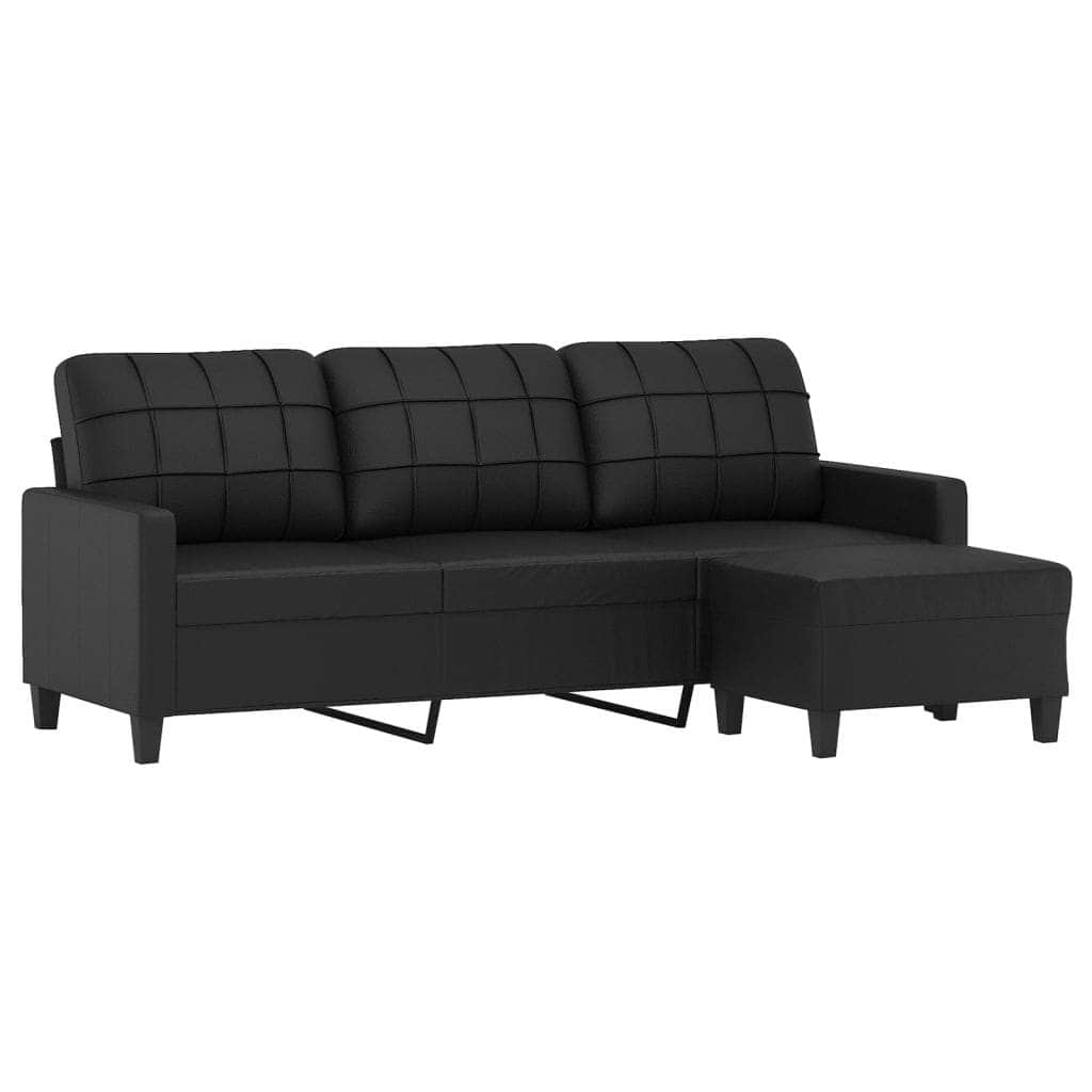 3 Seater Sofa with Footstool Black Faux Leather