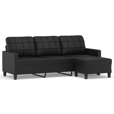 3 Seater Sofa with Footstool Black Faux Leather