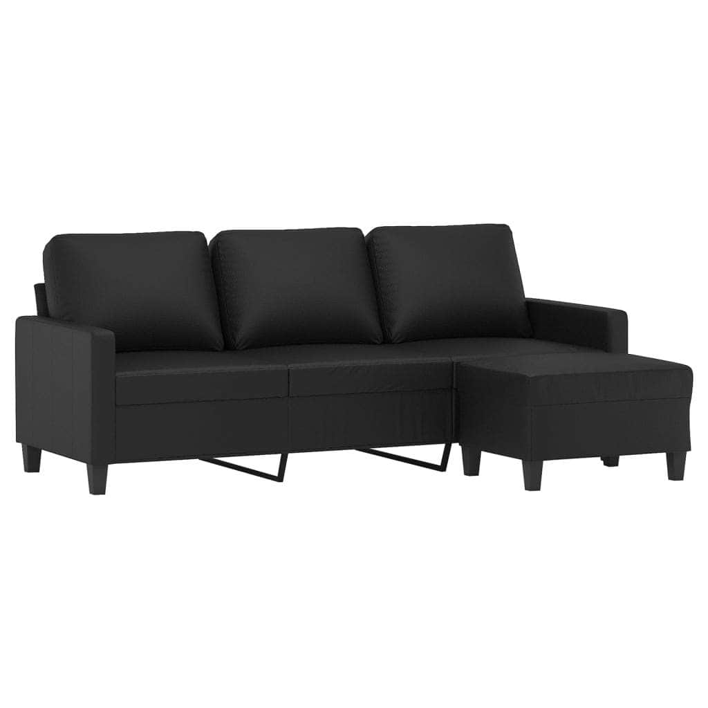 3 Seater Sofa with Footstool Black Faux Leather