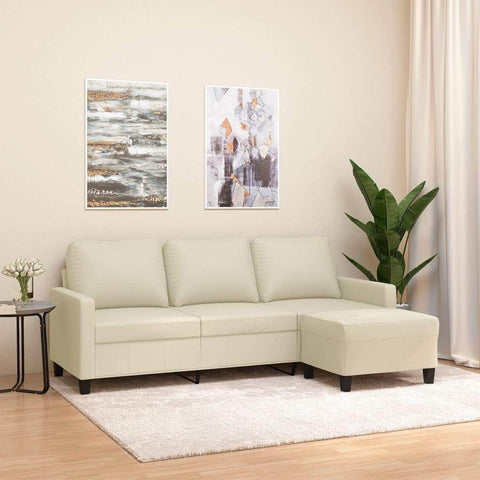 3-Seater Sofa with Footstool Cream Faux Leather