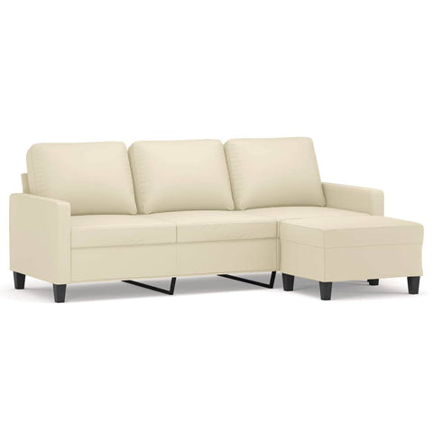 3-Seater Sofa with Footstool Cream Faux Leather