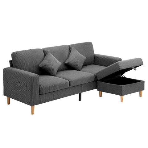 3 Seater Sofa with Ottoman Velvet Grey