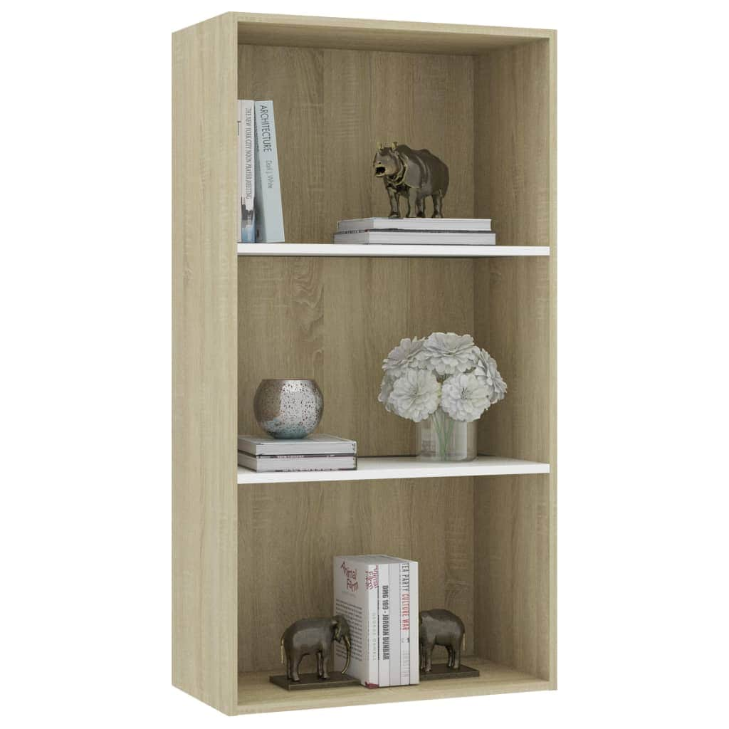 3-Tier Book Cabinet White and Sonoma Oak Chipboard