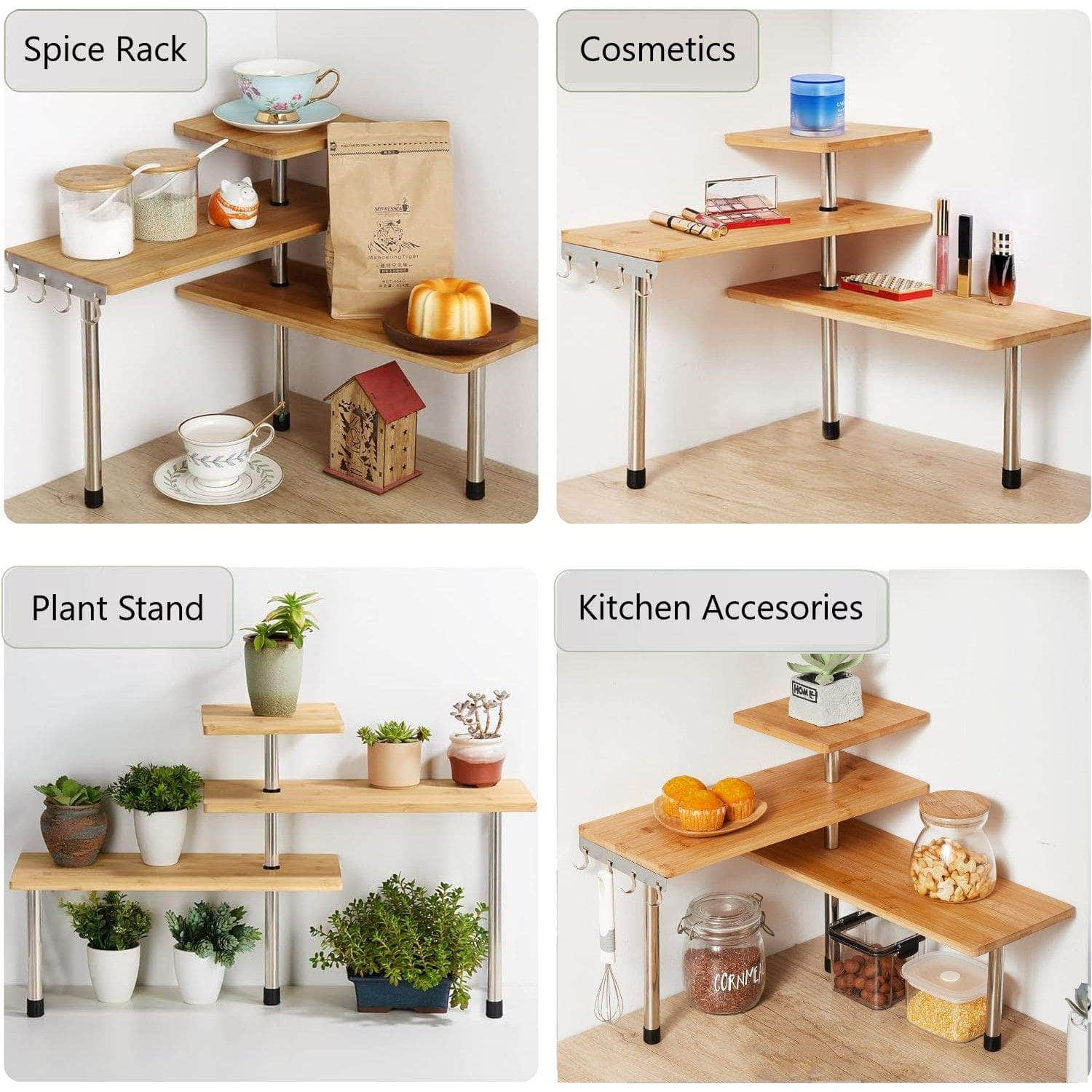 3 Tier Corner Shelf Kitchen Spice Rack Organiser with Hooks