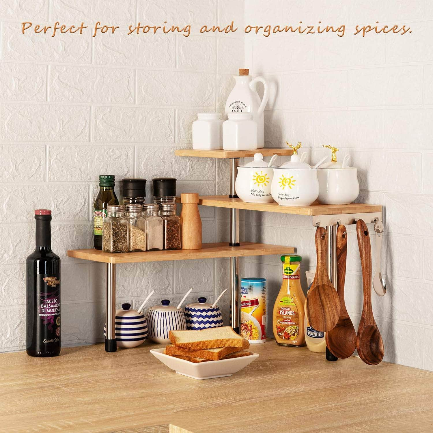 3 Tier Corner Shelf Kitchen Spice Rack Organiser with Hooks