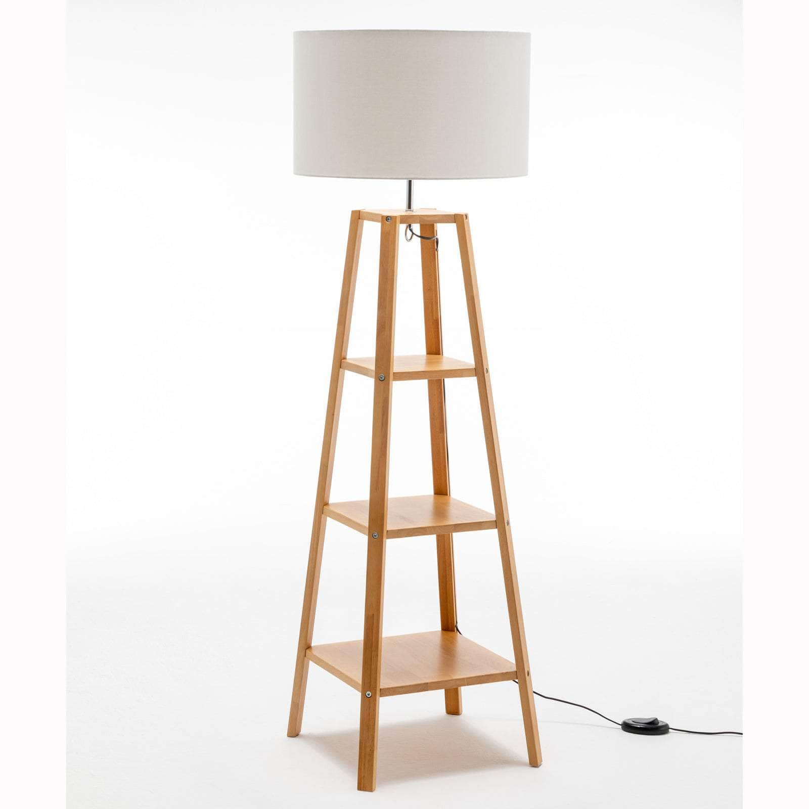 3 Tier Natural Wood Floor Lamp W/ Storage Shelves