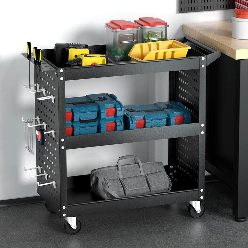 3-Tier Tool Cart Trolley - Garage Storage w/Pegboard