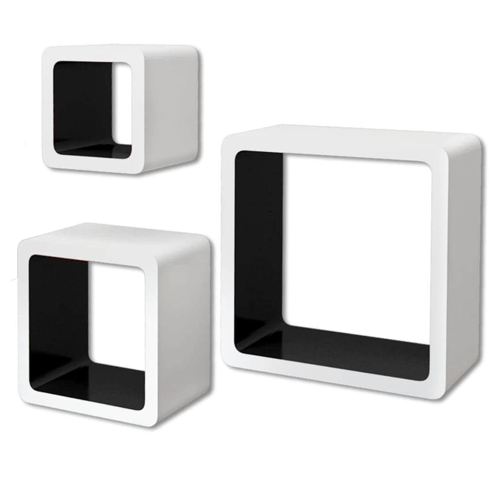 3 White-black MDF Floating Wall Display Shelf Cubes Book/DVD Storage