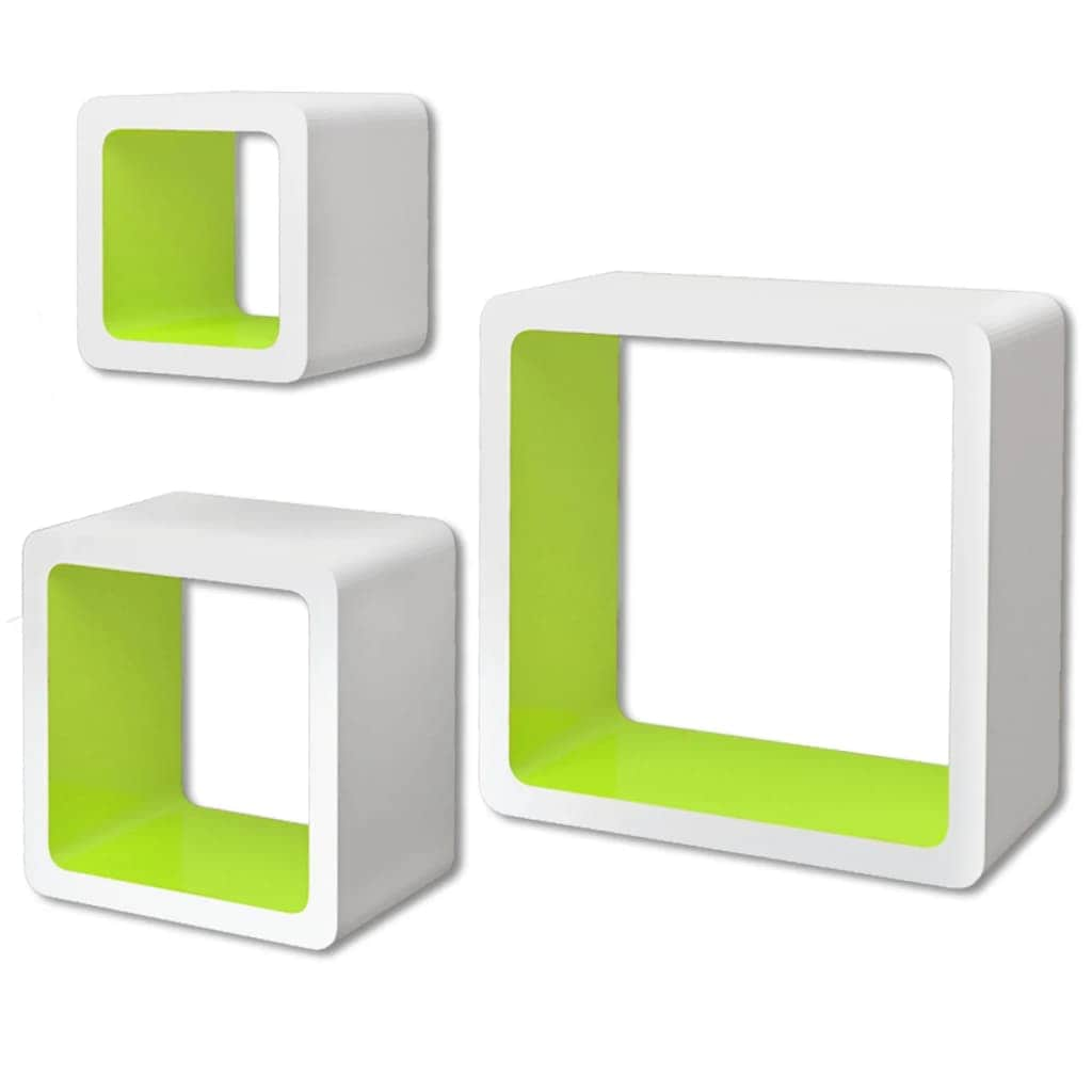 3 White-green MDF Floating Wall Display Shelf Cubes Book/DVD Storage